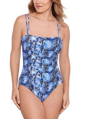 Swim Solutions Size 14 Blue Shirred Snakeskin-Print One-Piece Swimsuit NWT